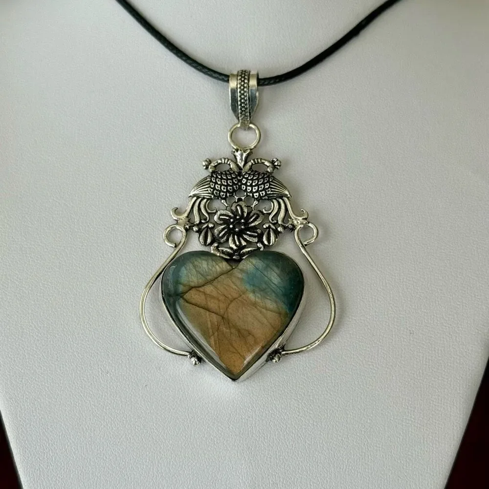 Stunning Heart Labradorite Pendant Statement Necklace Unique Peacock Framed